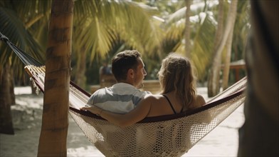 Two young adults enjoy the hammock together on the beach during their vacation, generatvie AI, AI