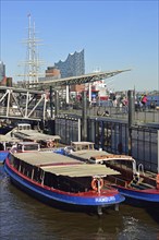 Europe, Germany, Hamburg, Elbe, St. Pauli Landungsbrücken, view of the Elbe Philharmonic Hall,