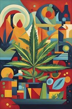 Abstract composition of a cannabis cafe with ambiance bold contrasting colors and playful shapes,