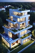 Three dimensional rendering of an illuminated modern ecological real estate residential house, AI