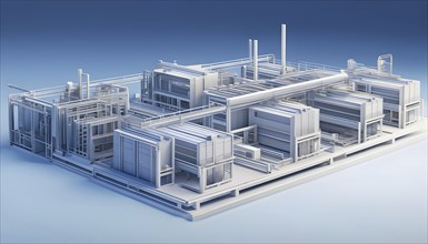 Three dimensional rendering of a model of a modern factory, AI generated
