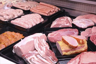 Variation of fine meat products in the butcher's shop