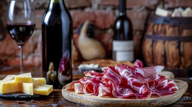 Wine, cured and smoked ham. Hamon iberico and prosciutto on a cutting board, AI generated