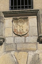 Pizarro family heraldic shield house museum medieval town of Trujillo, Caceres province,