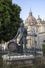 Cathedral church in Jerez de la Frontera, Cadiz province, Spain with Tio Pepe statue