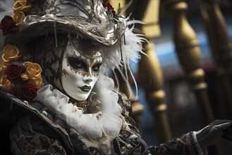 A person adorned in a richly detailed mask and costume, capturing the essence of the Venice