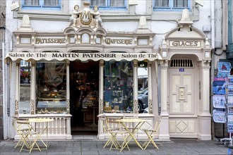 Place des Otages, shop window of an old patisserie confectionery, Morlaix Montroulez, Finistere