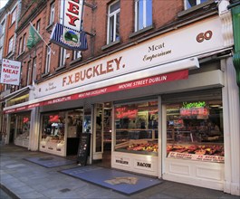 F X Buckley butcher shop, Moore Street, Dublin city centre, Ireland, Republic of Ireland, Europe