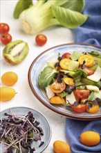 Vegetarian salad of pac choi cabbage, kiwi, tomatoes, kumquat, microgreen sprouts on a white