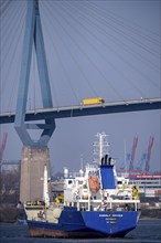 The Köhlbrand Bridge in the port of Hamburg, tanker Cobalt Water, spans the 325 m wide Köhlbrand,