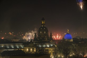 New Year's Eve fireworks over Dresden's Old Town, Dresden, Saxony, Germany, Europe