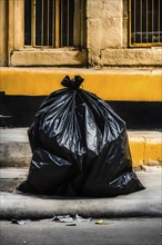 Plastic garbage bag abandoned of a desolate empty city street, AI generated