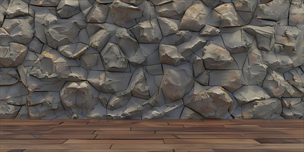 Three dimensional rendering of natural stone wall and wooden floor, AI generated