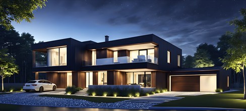 Three dimensional rendering of an illuminated modern ecological real estate residential house, AI