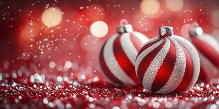 Christmas banner with bauble ornament with red and white stripes on red background. Generative AI,