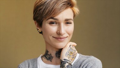 Portrait of a smiling woman with short hair and visible tattoos on a warm-coloured background, AI