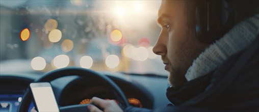 Person is driving a car and looking at the cell phone for gps directions or texting, AI generated