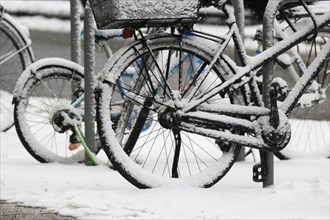 Snow-covered bicycles, Winter, Saxony, Germany, Europe