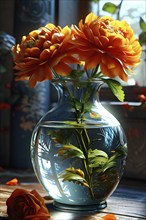 Transparent crystal glass vase with vibrant blooming flowers, AI generated