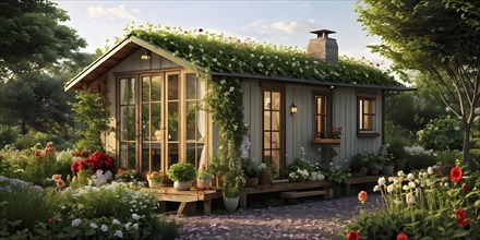 Plain Little tiny house in a floral garden with blooming flowers, AI generated