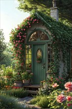 Plain Little tiny house in a floral garden with blooming flowers, AI generated