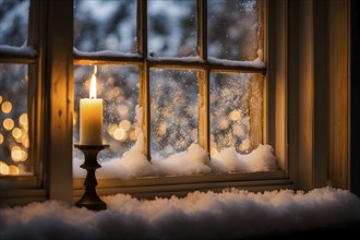 Snow-covered window with frost patterns, candlelight softly glowing through the glass, and warm,