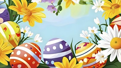 Abstract illustration of of vibrant-colored Easter eggs in a wicker basket, surrounded by delicate