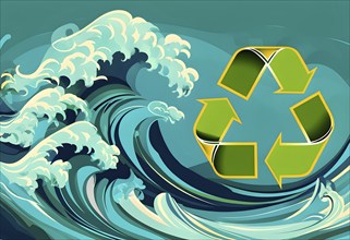 Illustration of swirling ocean waves and recycling symbols to represent clean oceans and