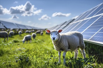 Domestic sheep (Ovis) grazing in a meadow between solar panels, solar park, photovoltaic system, AI