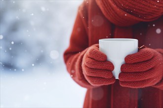 Close up of person with red knitted gloves holding mug with tea or coffee in snow. KI generiert,