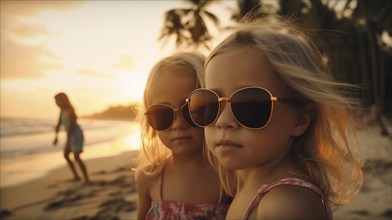 Two young children girlfriends posing wearing sunglasses having fun on the beach, generatvie AI, AI