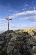 Summit cross on the Lusen (1373m), morning light, Bavarian Forest National Park, Bavaria, Germany,