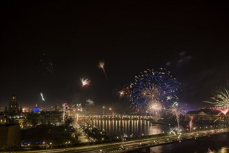 New Year's Eve fireworks over Dresden's Old Town, Dresden, Saxony, Germany, Europe