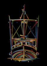 Front view of a fishing vessel, trawler or ship tug in colors over black background.Stylized hand