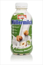 Müllermilch hazelnut flavour in the bottle of the company Theo Müller cropped in front of a white