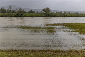 Flood on a river, storm on 26.8.23 near Benediktbeuern, Loisach near Schlehdorf, Bavaria, Germany,