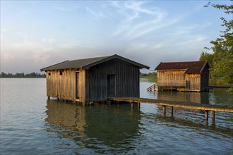 Boat huts with wooden jetty, sunset at Lake Kochel near Kochel am See, Bavarian Alpine foothills,