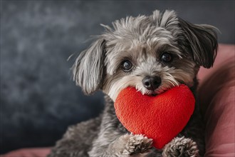 Cute small gray dog holding red plush heart. Generative Ai, AI generated