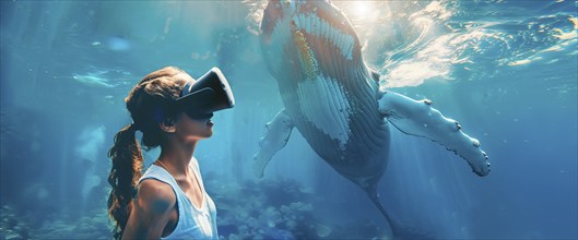 Woman wearing VR headset is looking at a whale in the ocean. Concept of virtual reality and gaming,