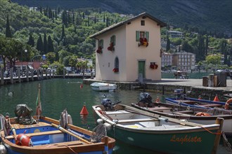 Rowing boats in the harbour, Old Customs House, Torbole, Lake Garda, Trentino, Italy, Europe