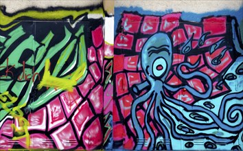 Colourful graffiti of an abstract octopus with dynamic patterns on a wall, Rhineland-Palatinate,