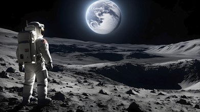 An astronaut stands on a lunar-like surface gazing at an immense planet rising, AI generated