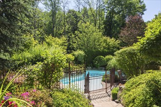 In-ground swimming pool surrounded by copper coloured wrought iron metal security fence and various