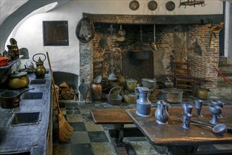 Kasteel van Laarne, interior showing kitchen and open fireplace inside 14th century medieval moated