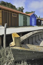 Colourful cabins of oyster farm at la Baudissière near Dolus, Saint-Pierre-d'Oléron on the island