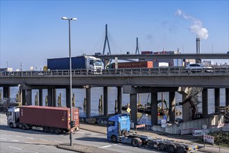 The Köhlbrand Bridge in the Port of Hamburg, rear, front trucks on the Waltershoferdam, access to