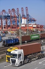 Port of Hamburg, Waltershofer Hafen, container ships, goods train with containers and container