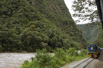 Perurail train travelling through the Andes from Ollantaytambo to Mach Picchu, in front the river