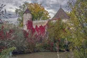 Towers of the medieval defence wall around 1200, in front the Wörnitz, Dinkelsbühl, Bavaria,