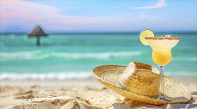 Straw hat and sunglasses lying on a beach. A concept of relaxing caribbean vacation near the ocean,